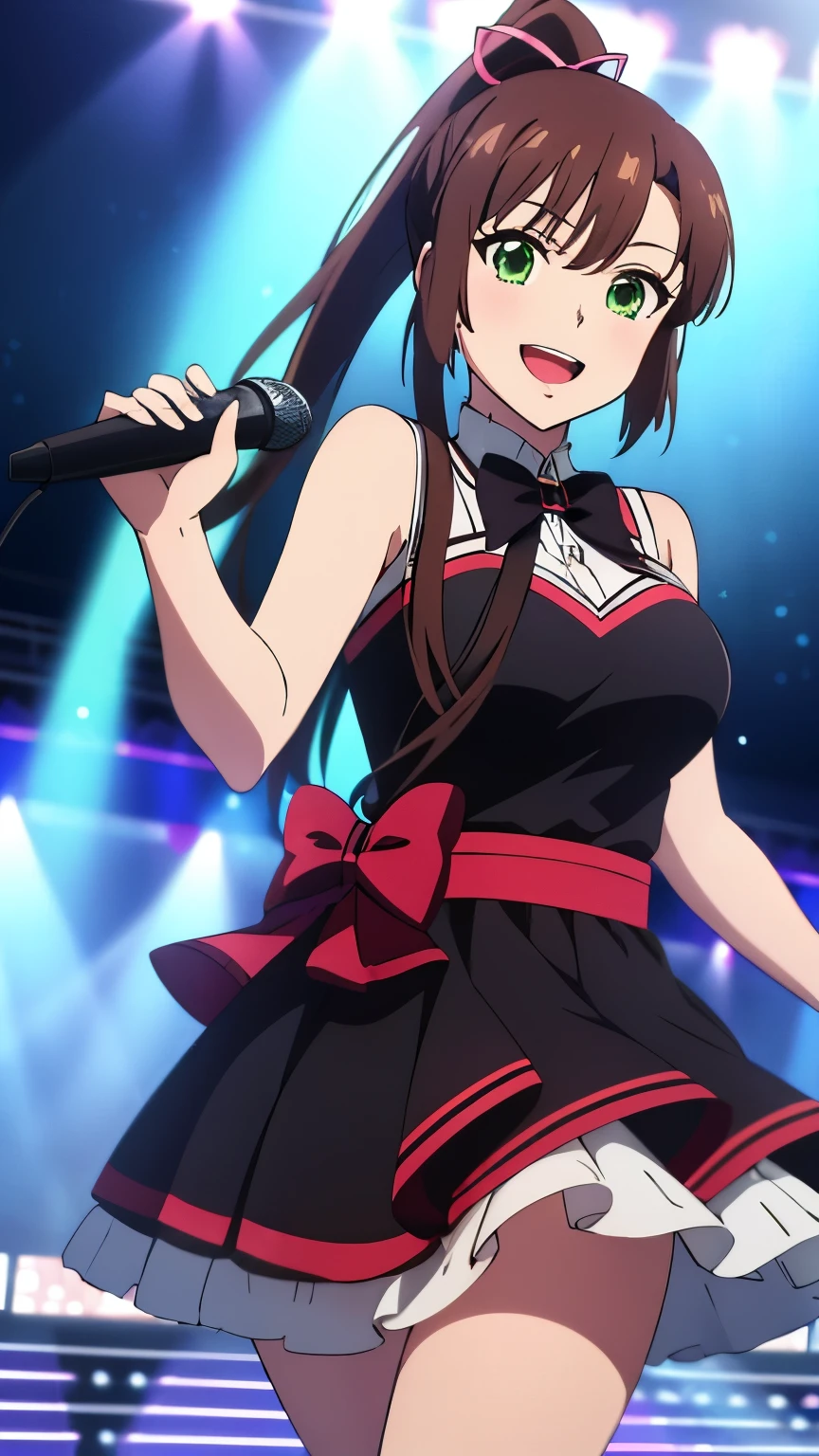 masterpiece, best quality, 8k, anime art style, Kirasaka Sayaka, Dark brown hair, ponytail, hair ribbon, (idol costume, idol dress, idol stage, microphone, singing, open mouth, smiling), dynamic angle, looking at the viewer, green eyes, light in the eyes, (big breasts: 0.8), cowboy shot