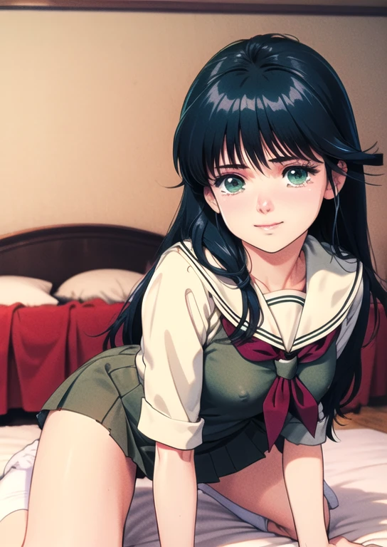 (8k、RAW Photos、highest quality、masterpiece:1.2)、(Realistic、Realistic:1.37)、Super detailed、超A high resolution、animation、1 girl、Pink nipples、Pussy、Beautifully detailed face、、beautifulディテールの肌、whole body、Professional Lighting、Sailor uniform half-off、Miniskirt Uniform、loose socks、Smiling eyes、((ayukawa madoka)), (beautiful, fine grain)、Green Eyes、(Blue Hair、Long Hair、Parted bangs)、Delighted、Big tears、Spread your legs、bed、Are sleeping、