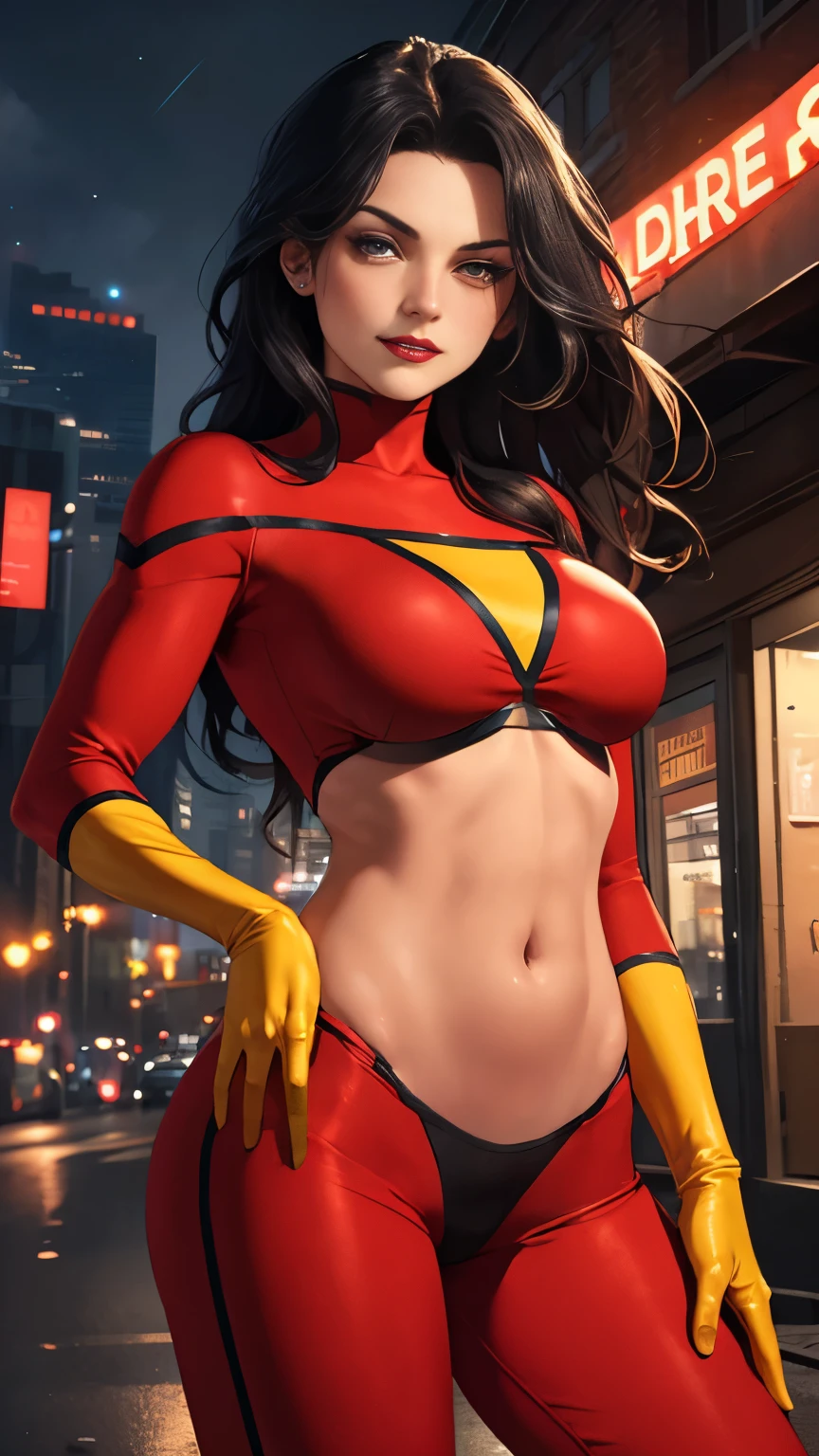(Highly quality, masterpiece, detailed), Night city detailed scenario, Night city detailed background, 20 years old girl, smirk, Jessica_Drew_aiwaifu, long hair, black hair, large breasts, lips, lipstick, gloves, red shirt, red pants, yellow gloves, Leather clothes, yellow shirt, yellow pants, thighs, crop top, glaring at the viewer, Abdomen, Navel, beautiful eyes, perfect eyes, looking at the viewer, Sexy pose