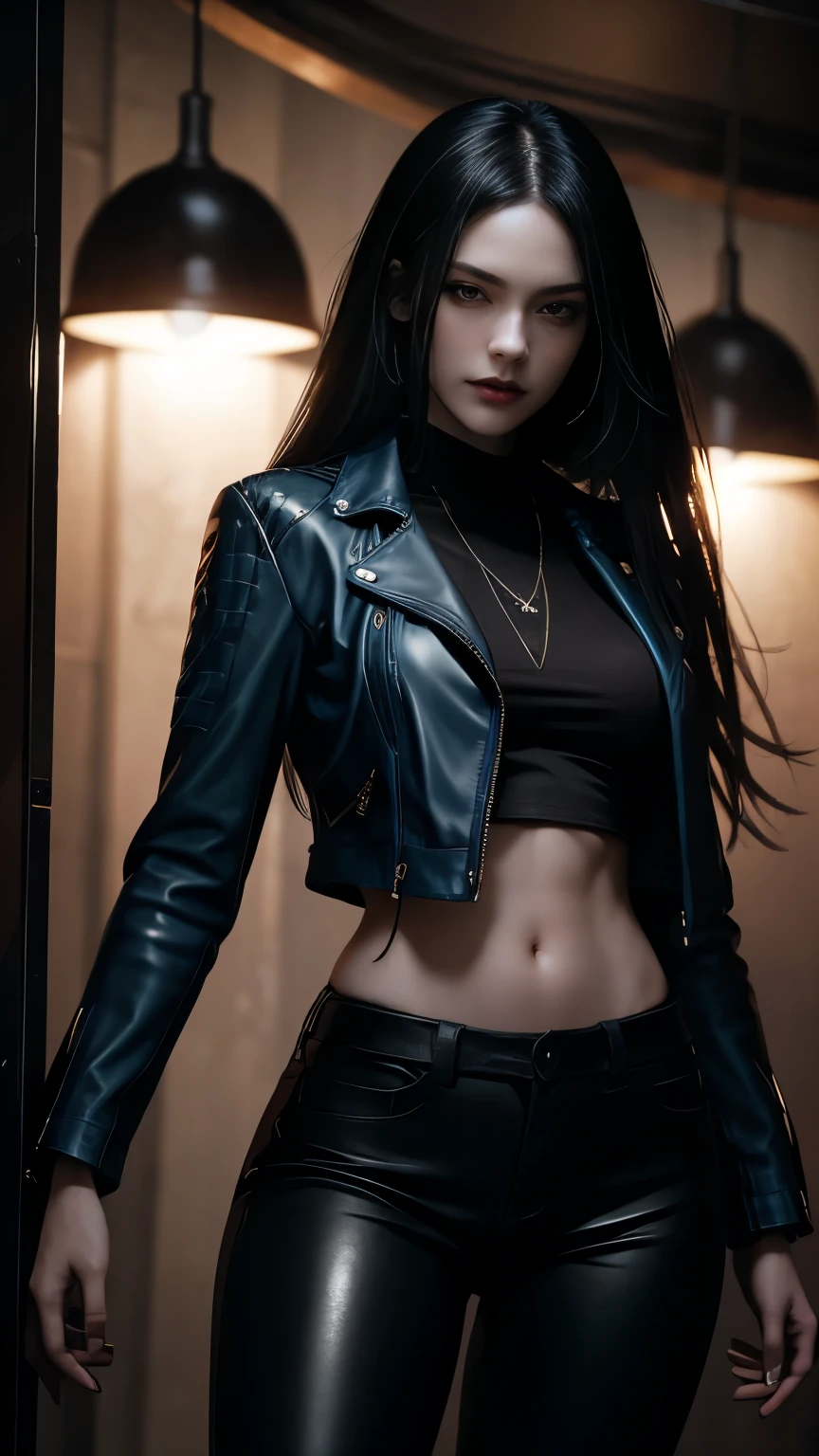 A beautiful 25 year old British female vampire mercenary with long dark hair, Pale skin, (Wearing a blue leather jacket and tight black pants;1.3), Possessing a rifle, View from the front, Waist up shot, Dynamic pose, Ambient Lighting, Photographic realism, Intricate facial details, Exquisite handcrafted details, Very detailed, Vibrant colors, Cinematic, High resolution, Trending Style Raw on Artstation