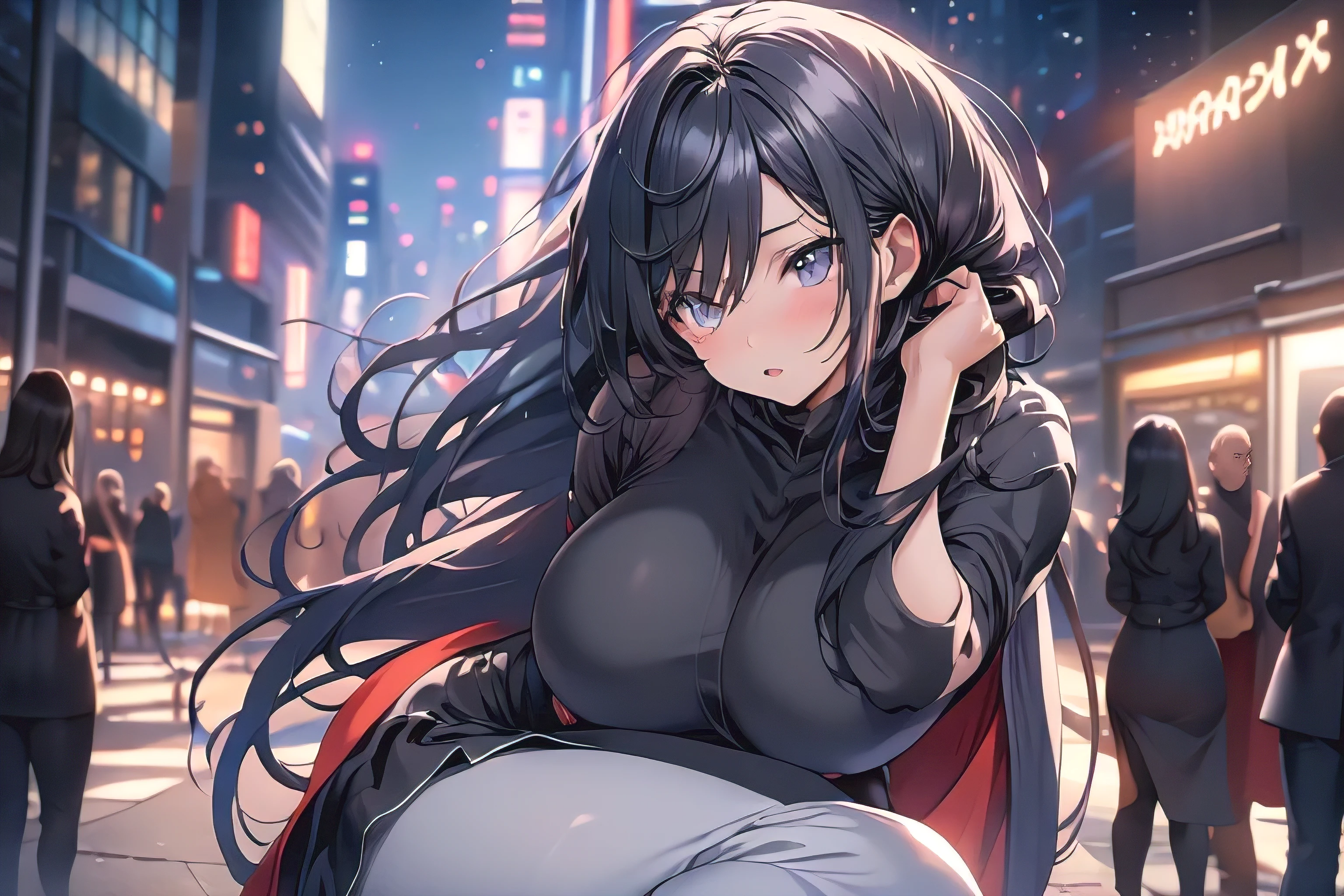 beautiful, alone, 1 chubby woman, long hair tied in a ponytail, black hair, blue highlights at the ends of her hair, silver eyes (detailed eyes), determined look, embarrassed expression, red lips (perfect lips), wide hips, potato thick leg, black leather jumpsuit, peased skirt, long fur cape, futuristic, cyberpunk, cinematic angle, cinematic lighting, artwork, best quality, nsfw, crotch rubbing