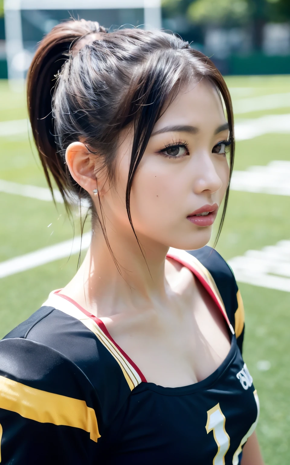 HASSELBLAD CAMERA, Original Photography, (real: 1.3), Twisted (Beautiful and glamorous: 1.4), Ponytail, (detail: 1.2), 8K Ultra HD, (football: 1.4), Beautiful Japanese woman, muscle