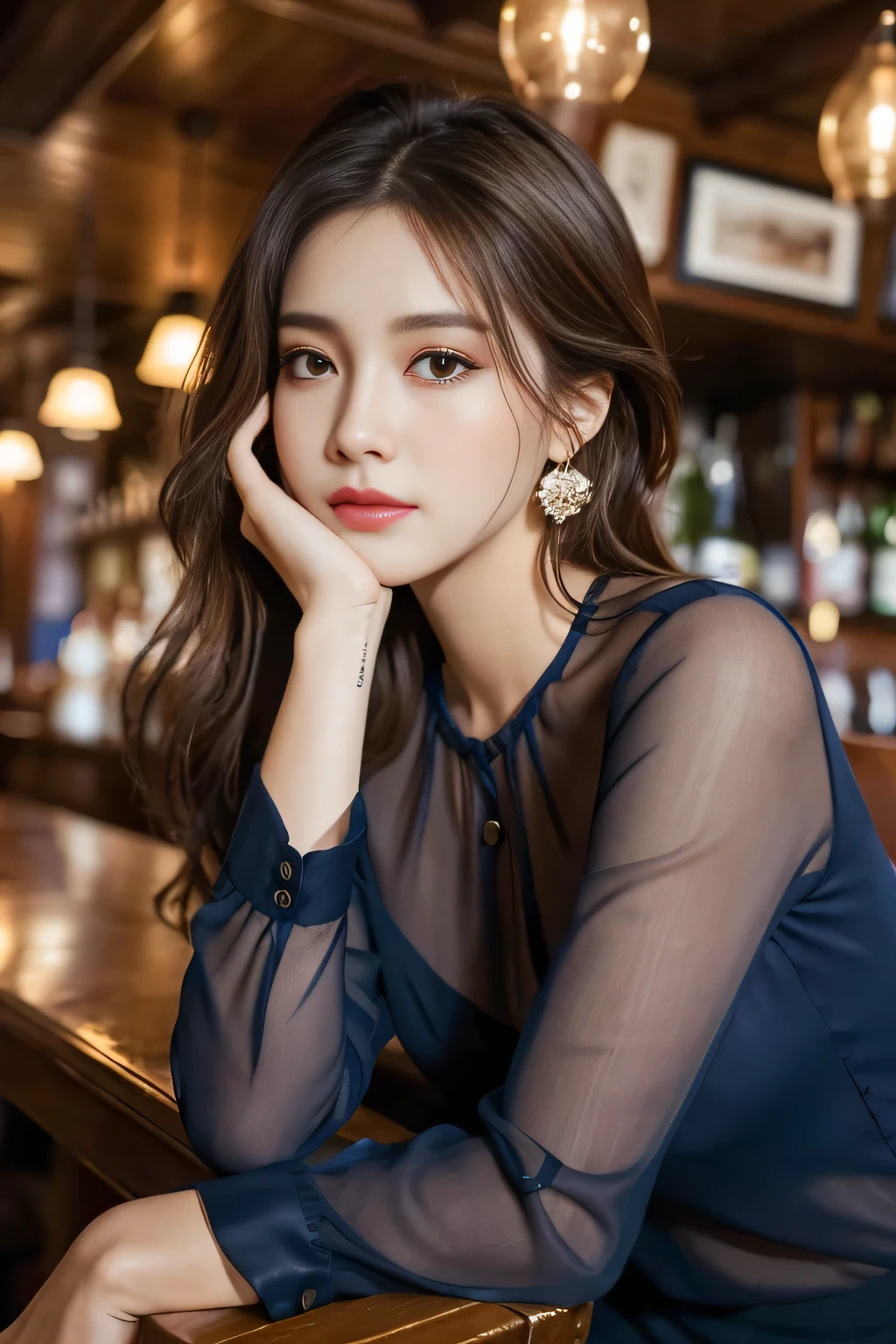 masterpiece, highest quality, Realistic, Very detailed, Finer details, High resolution, 8k wallpaper, One beautiful woman, Wear a navy blue see-through blouse, In a great pub, At night, Light brown messy hair, Perfect dynamic composition, Beautiful and beautiful eyes、Big earrings、Sitting on a chair、