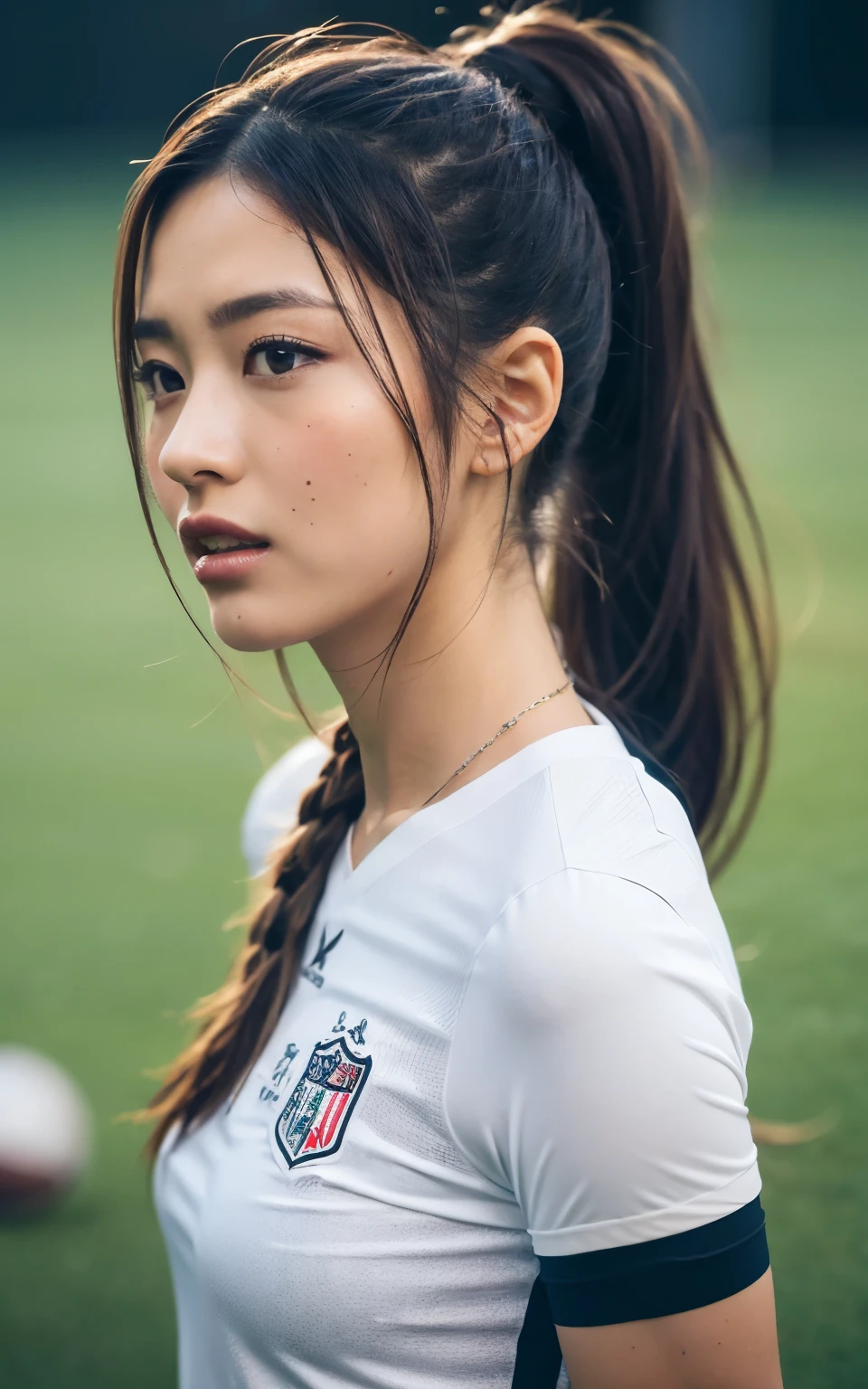 HASSELBLAD CAMERA, Original Photography, (real: 1.3), Twisted (Beautiful and glamorous: 1.4), Ponytail, (detail: 1.2), 8K Ultra HD, (football: 1.4), Beautiful Japanese woman, muscle