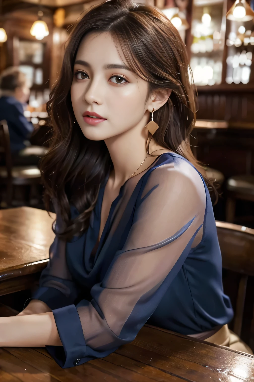 masterpiece, highest quality, Realistic, Very detailed, Finer details, High resolution, 8k wallpaper, One beautiful woman, Wear a navy blue see-through blouse, In a great pub, At night, Light brown messy hair, Perfect dynamic composition, Beautiful and beautiful eyes、Big earrings、Sitting on a chair、