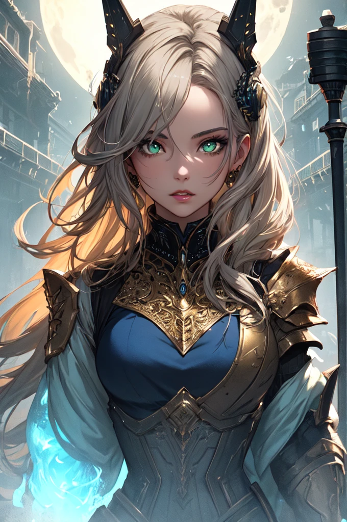(masterpiece, best quality, 8k), a beautiful girl in a garden,(full body) 1 girl, detailed realistic face, (detailed green eyes, detailed lips, long eyelashes), (perfect long golden hair), elegant sci-fi dress, sci-fi mage robe, shoulder armor pad, casting spell with her staff, intricate staff, ornated staff, (blue energy, blue spells, blue aura), perfect hands, perfect body, perfect face, moonlight, natural environment, realistic lighting, cinematic, intricate details, highly detailed, hyper realistic, vibrant colors
