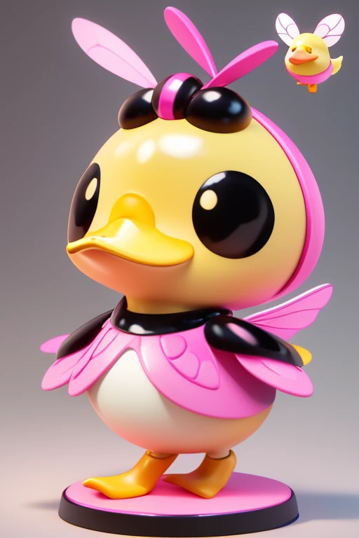 create an image of a beautiful and happy baby duck dressed as a bee with a skirt and with lines in pink, calypso and black colors together with a little bee in Pixar format. Write in cute shiny letters the name: "Patytos de Layme" in 3D in the background of the image.