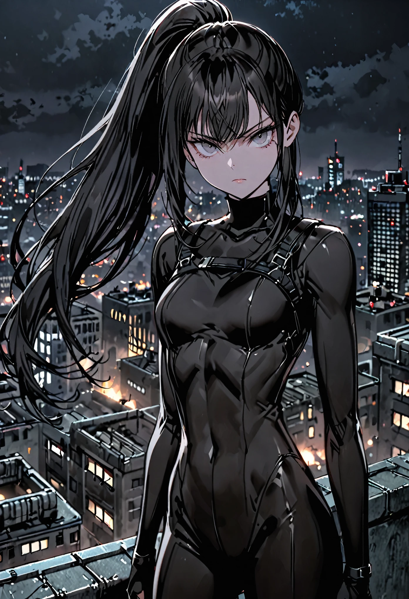 solo, female, sfw, medium shot, long hair, silky hair, straight hair, black hair, grey eyes, black bodysuit, thief, slender, fit, serious, infiltrator, dark, night, city, rooftop, standing, ponytail, abs