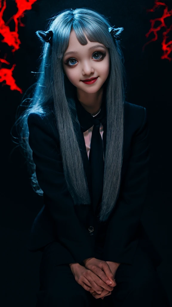 masterpiece, highest quality, Ultra-detailed, Disorganized, colorful, One girl, alone, (Bright red eyes: 1.0), (Gray Hair, Long Hair, Straight hair, Hair above one eye: 1.0), squat、Fine grain, Wide open eyes, Eyelashes, (Upper Body: 0.8), monster Girl, Side view, Bright Eyes, Tilted Head, evening, Black suit, Pointy Ears, Horror, dark, Black background, Looking at the viewers, corona, High Contrast, Backlight, (Are standing: 0.8),  aura, Fractal background, Chaotic, spiral, Devil horns, energy, mosaic, hell,Browsing Caution