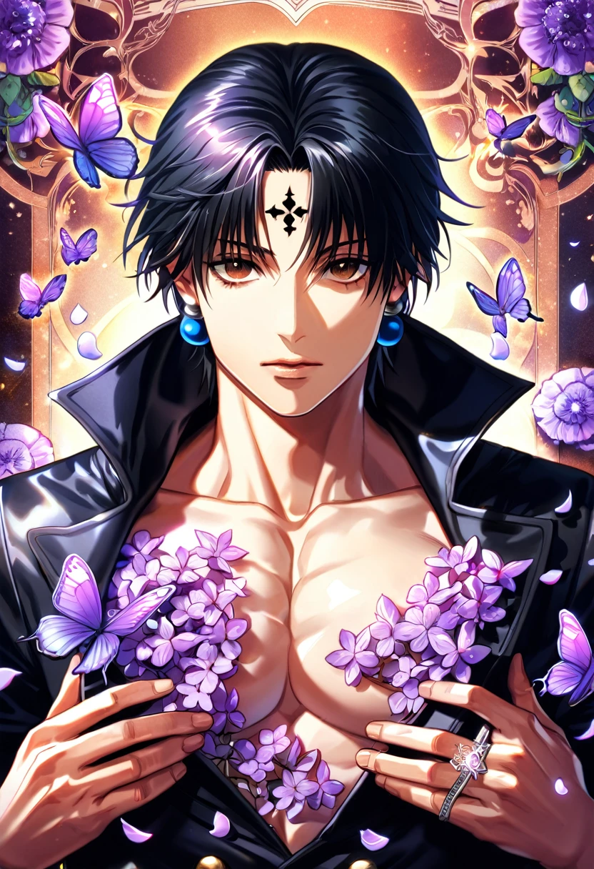 absurdres, highres, ultra detailed, HDR, master piece, best quality, Chrollo Lucilfer, black hair, expressive brown eyes, blue earrings, hunter x hunter, solo, sexy man, handsome, black cross tattoo on his forehead, toned chest, black leather coat, purple butterflies, petals, purple flowers, magical, fantasy, glittering