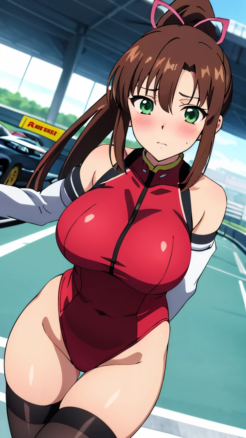 masterpiece, best quality, 8k, anime art style, Kirasaka Sayaka, Dark brown hair, ponytail, hair ribbon, (Race Queen, leotard, No sleeve, blush, Car racing venue), dynamic angle, looking at the viewer, green eyes, light in the eyes, (big breasts: 0.8), cowboy shot