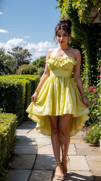 Girl, large breast in a yellow bouffant dress, necklace, bracelet, earrings, bun hair, wedges, full body photoshoot, walk in the white roses garden, real skin texture, detailed detail, ultra sharp, 