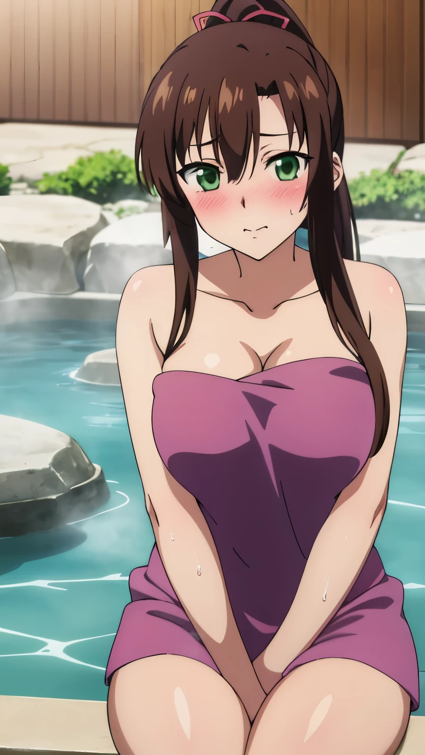 masterpiece, best quality, 8k, anime art style, Kirasaka Sayaka, Dark brown hair, ponytail, hair ribbon, (Bath towel,Sexy pose, blushing, sitting, hot spring), dynamic angle, looking at the viewer, green eyes, light in the eyes, (big breasts: 0.8), cowboy shot