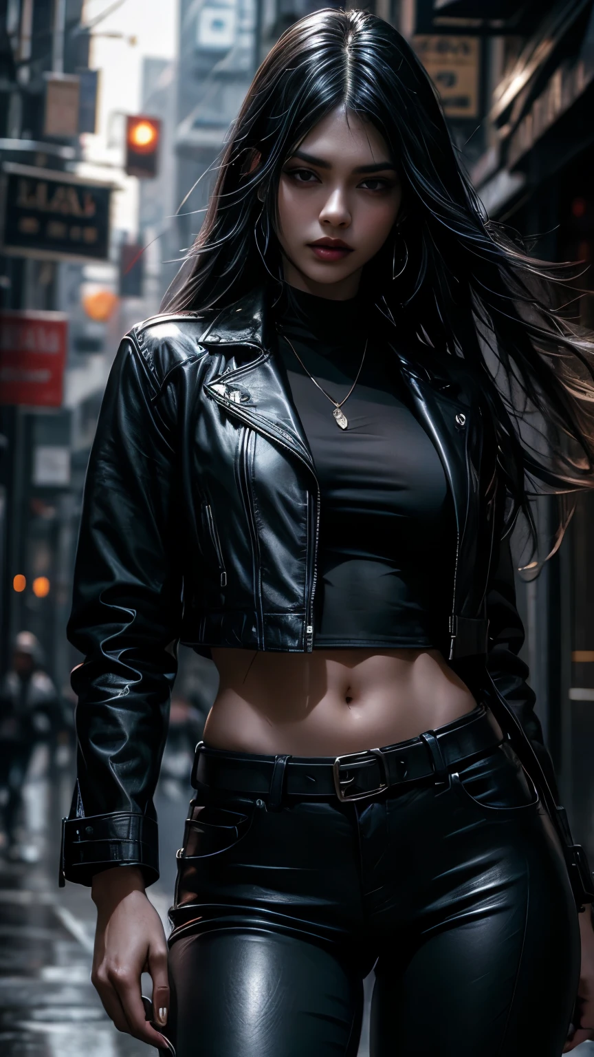 Beautiful 25 year old Indian female vampire mercenary with long black hair, Pale skin, (Wearing a blue leather jacket and tight black pants;1.3), Possessing a rifle, View from the front, Waist up shot, Dynamic pose, Ambient Lighting, Photographic realism, Intricate facial details, Exquisite handcrafted details, Very detailed, Vibrant colors, Cinematic, High resolution, Trending Style Raw on Artstation