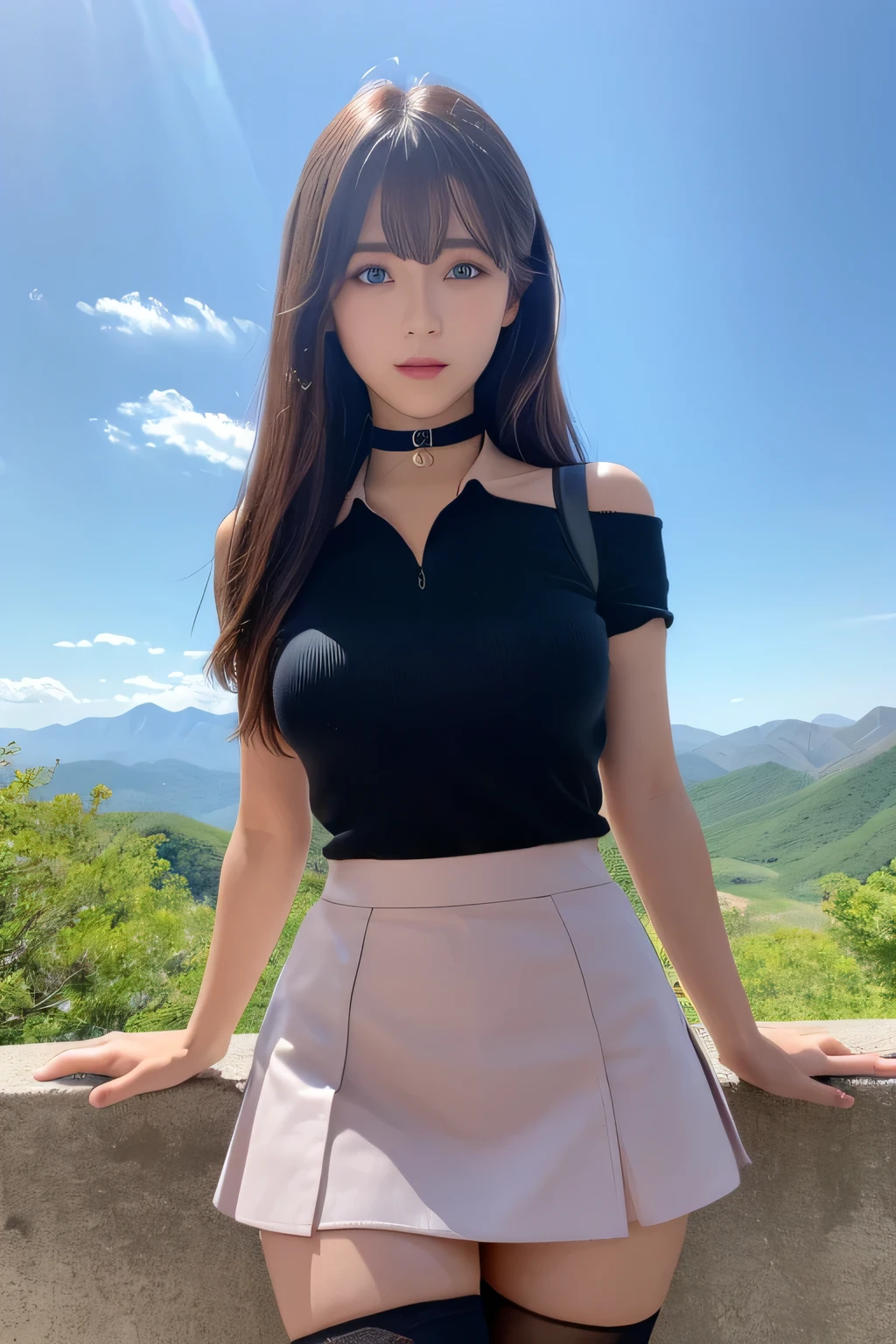 (highest quality, masterpiece:1.3, 超A high resolution), (Ultra-detailed, Caustics), (Photorealistic:1.4,RAW shooting,)Ultra-Realistic Capture,Very detailed,High resolution 16K, Close-up of human skin, The skin texture is natural, It must be detailed enough to be easily identifiable.。 Skin should look healthy and have an even tone。 Use natural light and color, (Backpack, Pink collared shirt, mini skirt, Black Stockings), ((Mountain, blue sky, Slim body)), 1 girl, Japanese, 18-year-old, cute, Long Hair, Large Breasts, smile, Turn your body forward, (View from the front:1.1), Looking into the camera, (Cowboy Shot),sight, focused on the chest, Light brown hair, ((Black choker)), fluffy eyelashes, blue eyes, bangs