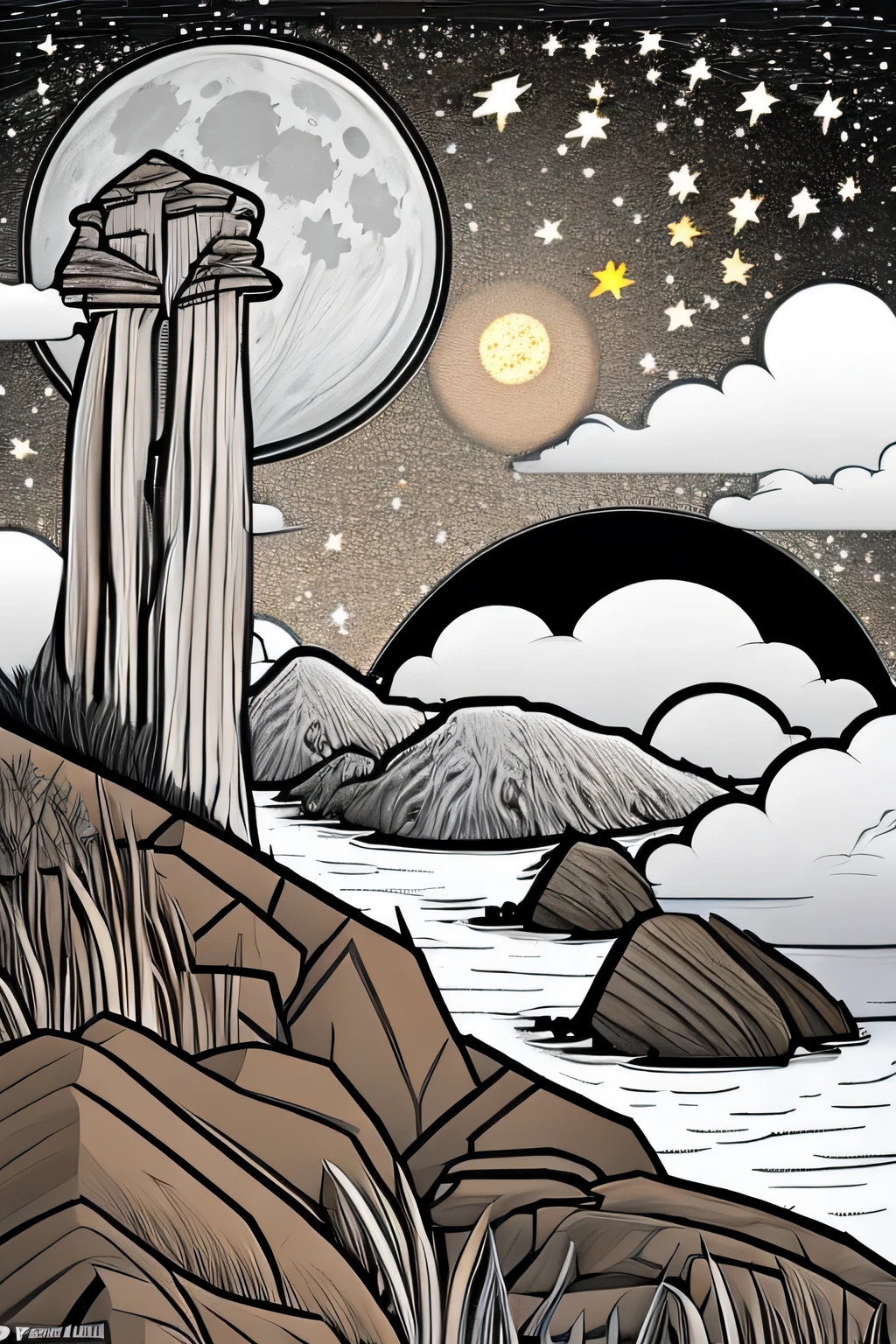 best quality, high resolution, detailed background, high contrast, a cliff,dark night,starry sky,There is a full moon,Not a single person, white background, clean line drawings, vibrant colors