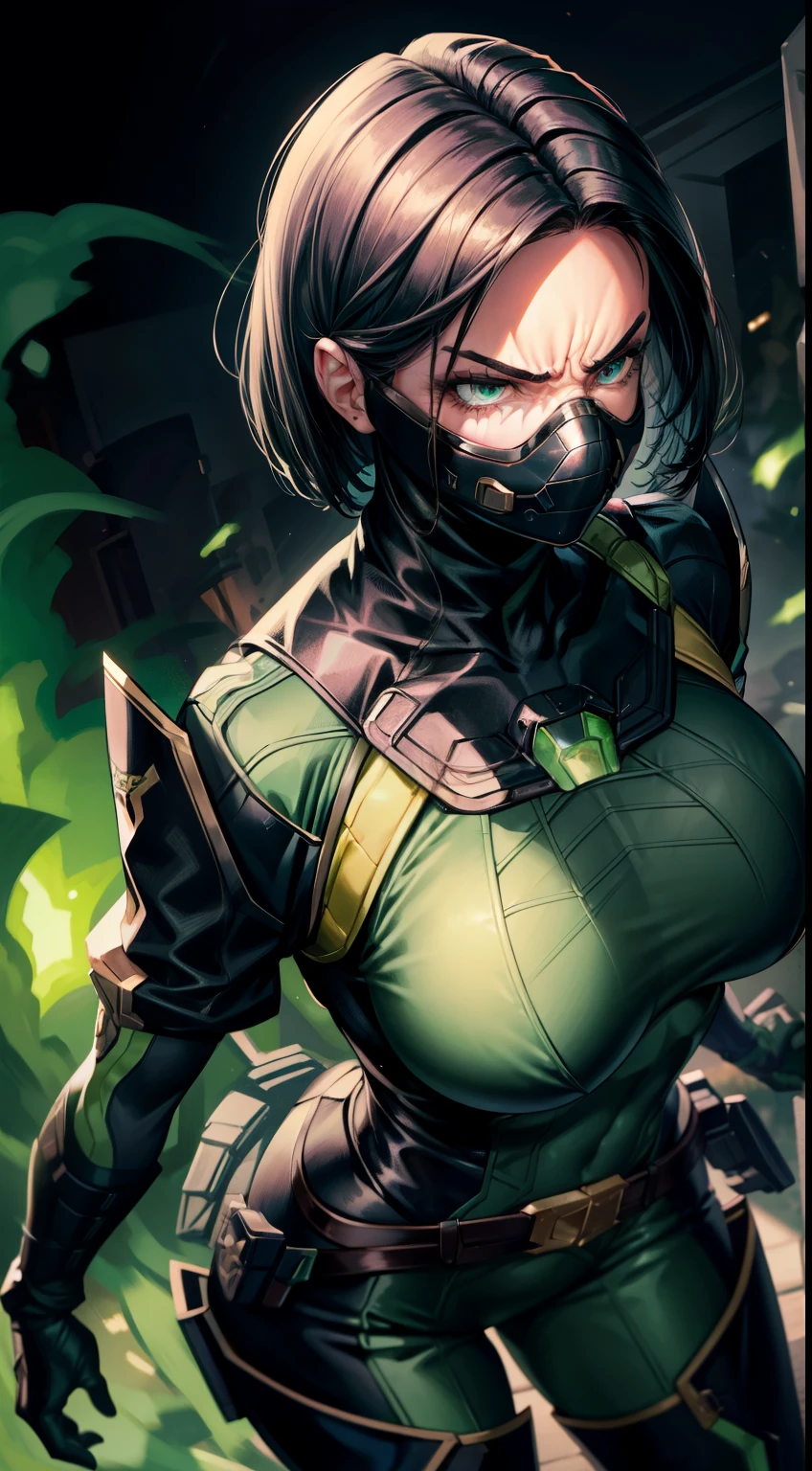 Masterpiece, Best quality, 《Fearless viper》, tightsuit, mitts, belt, thigh boots, respirator, view the viewer, face, Portrait, Close-up, Glowing eyes, green smoke, Black background,huge tit,Raised chest,Close-up of chest,chest focus,Woman in a swimsuit,angry look,Extremely erotic figure,Staring angrily at the screen,Facing the screen