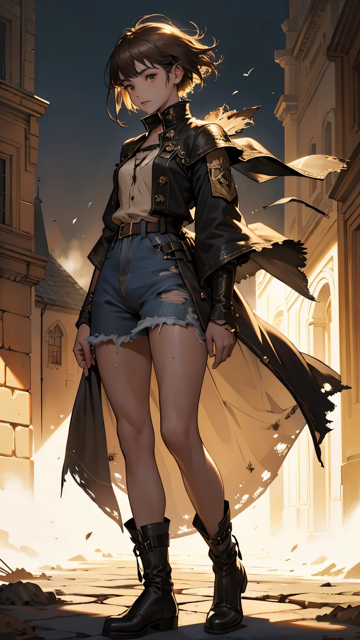 masterpiece, ultra detailed, 8K Portrait, Raw photo, a portrait photo of girl, Highly detailed face, beautiful and meticulous eyes, ((Fantasy)), 13 year old, young girl, little, dark blonde short hair, brown eyes, Kind face, skinny, (((dirty and tattered clothes))) Fluttering in the wind, ((bare foots)), Midday Sun, Hyper realistic, in a castle, Ambient lighting, Shadow details , strong breeze, Light fog