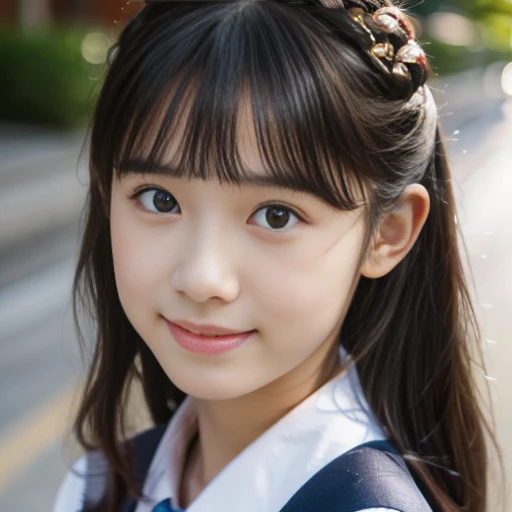 ((Cute 15 year old Japanese))、on the road、Highly detailed face、Pay attention to the details、double eyelid、Beautiful thin nose、Sharp focus:1.2、Beautiful woman:1.4、Cute Hairstyles、Pure white skin、highest quality、masterpiece、Ultra-high resolution、(Realistic:1.4)、Highly detailed and professional lighting、nice smile、Japanese school girl uniform


