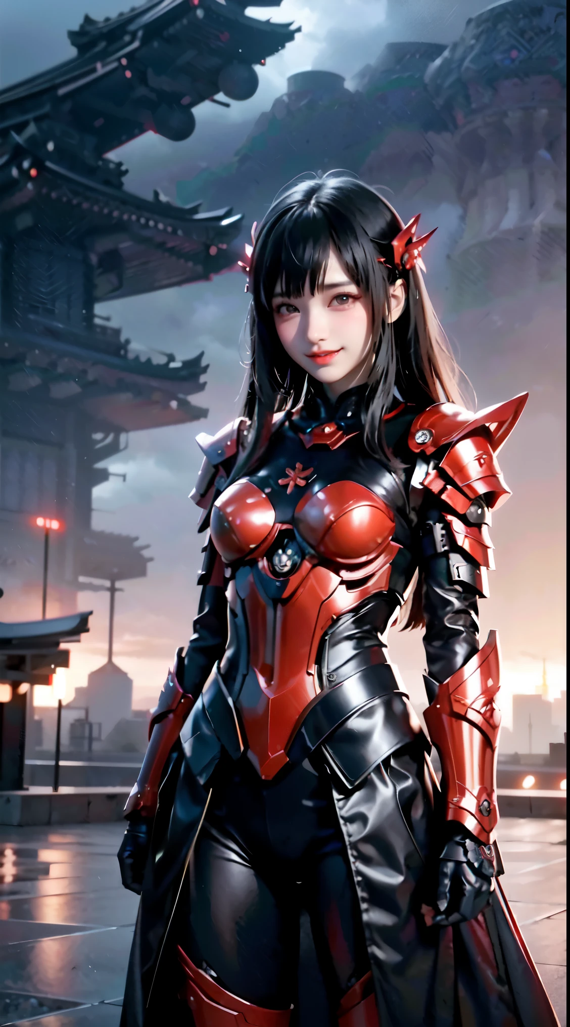1 Japanese girl, battle armor, Intricate pattern, heavy metal, Energy lines, Faceless, Glowing eyes, elegant, Intense, blood red and black uniform, Solo, modern, City, Streets, Dark clouds, thunderstorm, heavy rain,, Dramatic lighting,, (Masterpiece:1.2), Best quality, high resolution, Beautiful detailed, Extremely detailed, Perfect lighting,