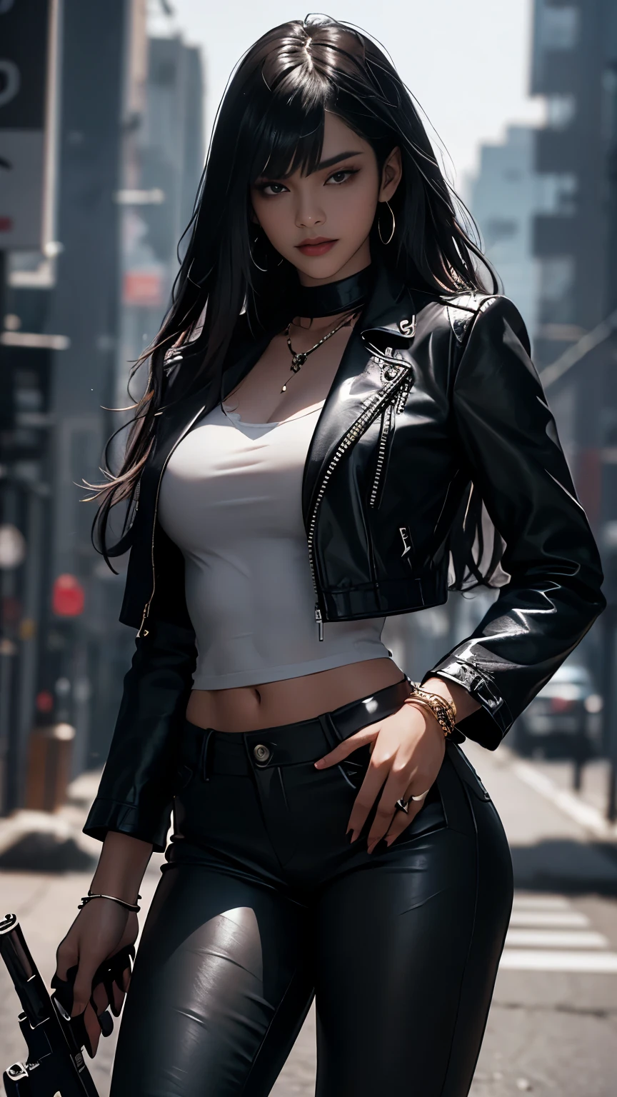 Beautiful 25 year old Indian female vampire mercenary with long silver hair, Brown Skin, (Wearing a blue leather jacket and tight black pants;1.3), Possessing a rifle, View from the front, Waist up shot, Dynamic pose, Ambient Lighting, Photographic realism, Intricate facial details, Exquisite handcrafted details, Very detailed, Vibrant colors, Cinematic, High resolution, Trending Style Raw on Artstation