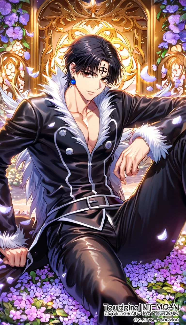 absurdres, highres, ultra detailed, HDR, master piece, best quality, extremely detailed, Chrollo Lucilfer, black hair, expressive brown eyes, Hunter x Hunter, solo, sexy man, handsome, sensual, manly man, horny, black coat with high fur collar, without shirt, blue earrings, cross tattoo on the forehead, fantasy, magical, blue moon, blue flowers, blue butterflies, blue petals, blossoms, water