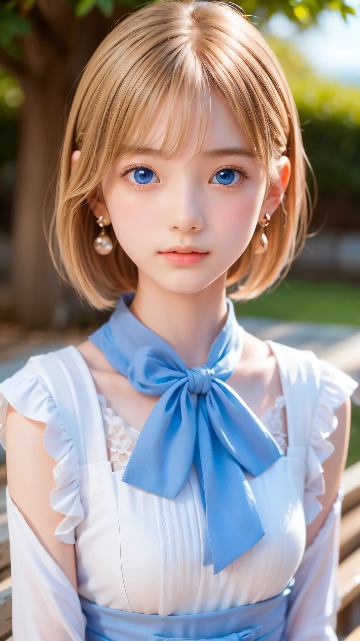 ((sfw: 1.4)), ((detailed face,  professional photography)), ((sfw, extra short hair, sidelocks-hair,  blond hair, Large, clear sky-blue eyes, earrings, 1 Girl)), Ultra High Resolution, (Realistic: 1.4), RAW Photo, Best Quality, (Photorealistic Stick), Focus, Soft Light, ((15 years old)), (( (young face))), (surface), (depth of field), masterpiece, (realistic), woman, bangs, ((1 girl))