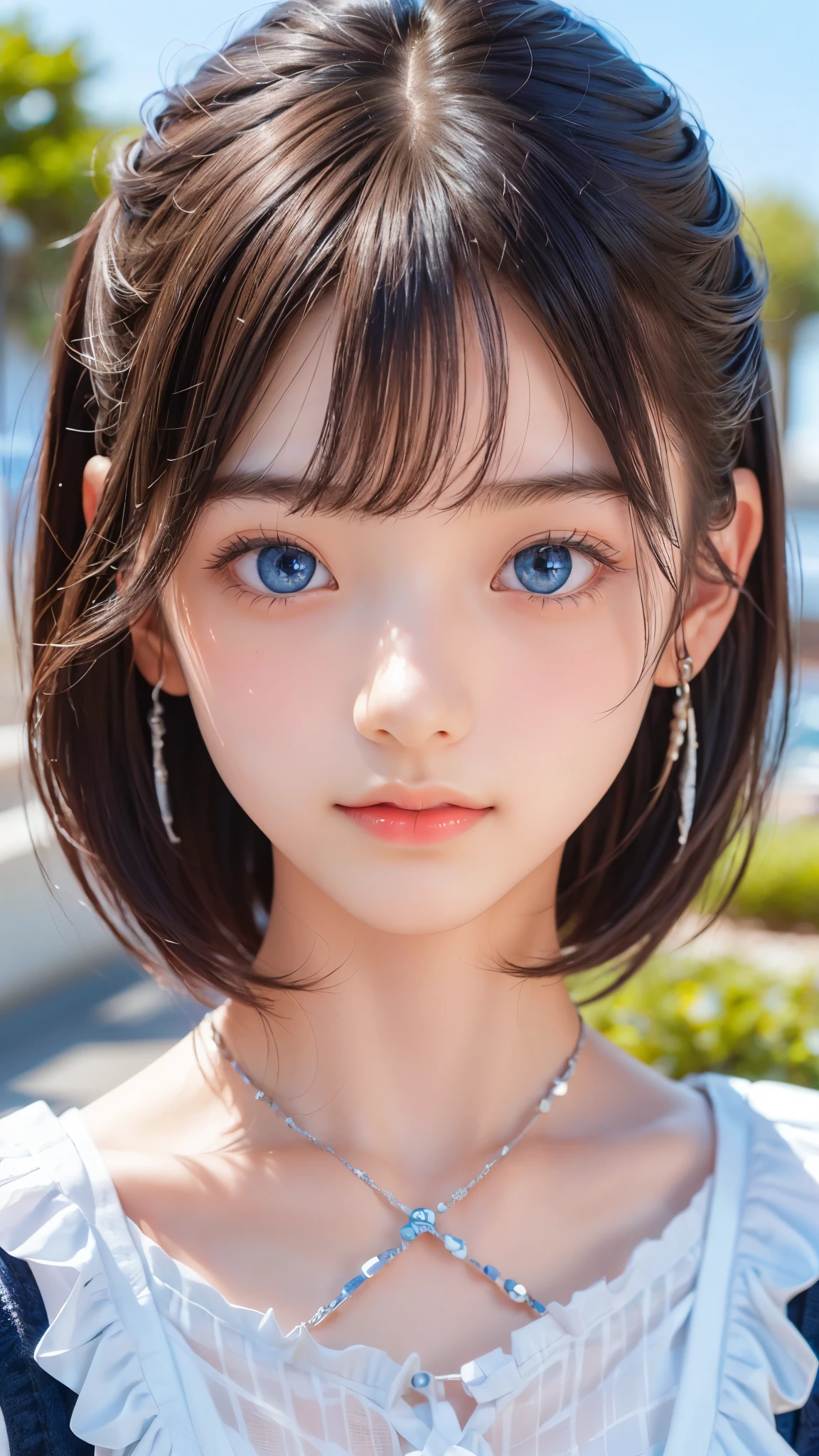 ((sfw: 1.4)), ((detailed face,  professional photography)), ((sfw, extra short hair, sidelocks-hair,  blond hair, Large, clear sky-blue eyes, earrings, 1 Girl)), Ultra High Resolution, (Realistic: 1.4), RAW Photo, Best Quality, (Photorealistic Stick), Focus, Soft Light, ((15 years old)), (( (young face))), (surface), (depth of field), masterpiece, (realistic), woman, bangs, ((1 girl))