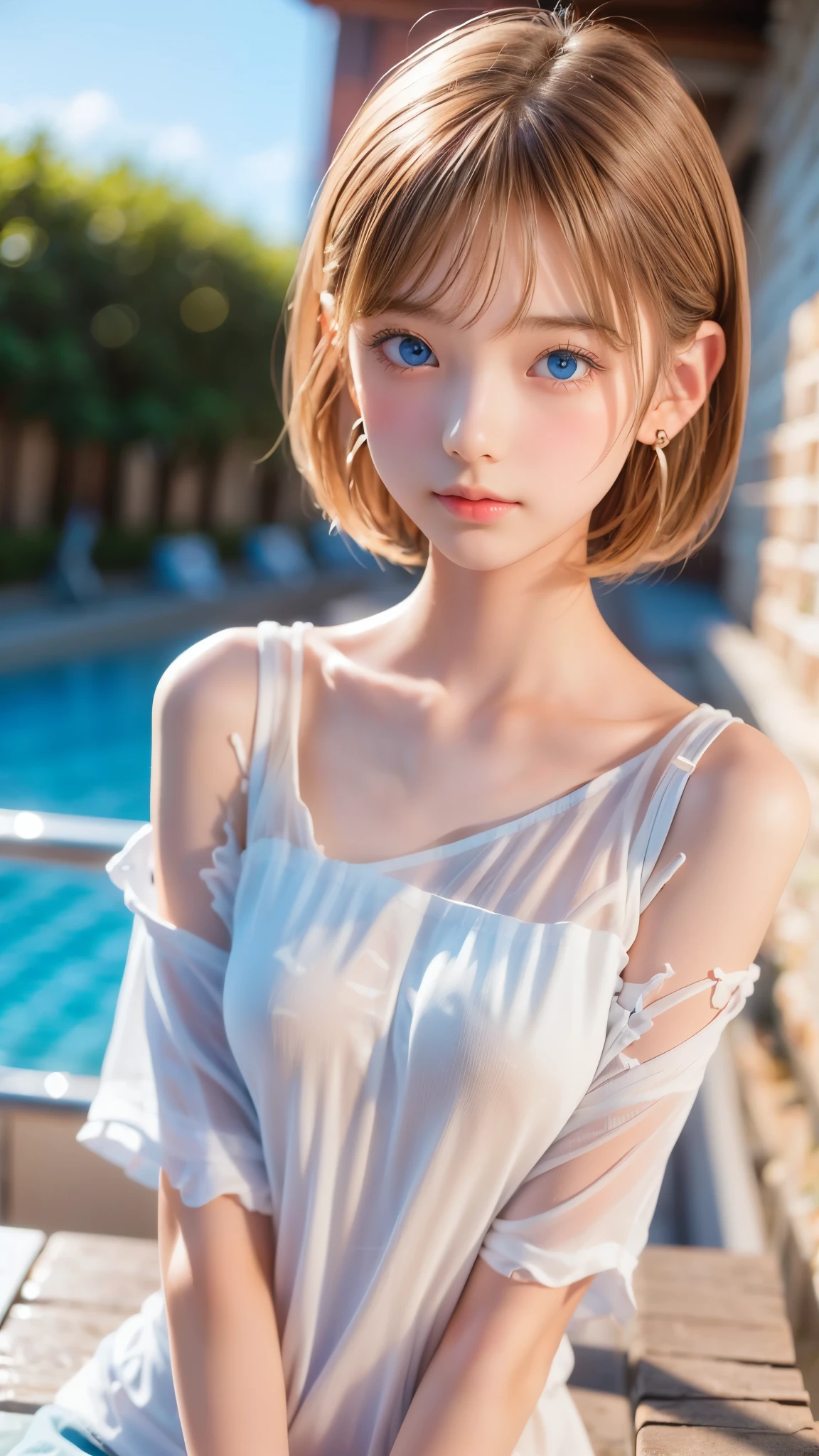 ((sfw: 1.4)), ((detailed face,  professional photography)), ((sfw, extra short hair, sidelocks-hair,  blond hair, Large, clear sky-blue eyes, earrings, 1 Girl)), Ultra High Resolution, (Realistic: 1.4), RAW Photo, Best Quality, (Photorealistic Stick), Focus, Soft Light, ((15 years old)), (( (young face))), (surface), (depth of field), masterpiece, (realistic), woman, bangs, ((1 girl))