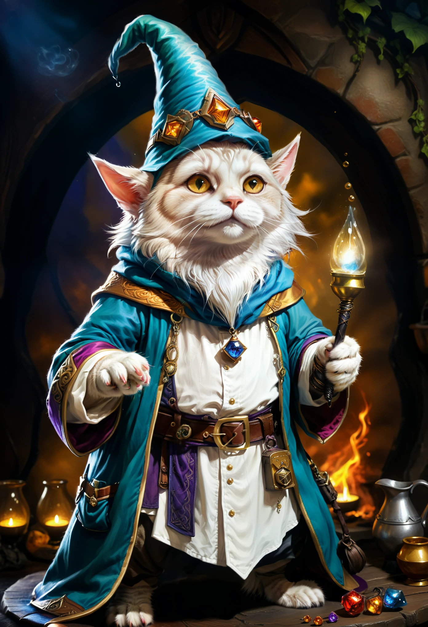 a cat dressed as a wizard in a fantasy setting, fantasy card game art, collectible card art, furry fantasy art, portrait of a gnome called eldon, an alchemist gnome, roleplaying game art, heather theurer, kerem beyit, from dungeons & dragons, tabaxi monk, from pathfinder, gnome illusionist, epic fantasty card game art
