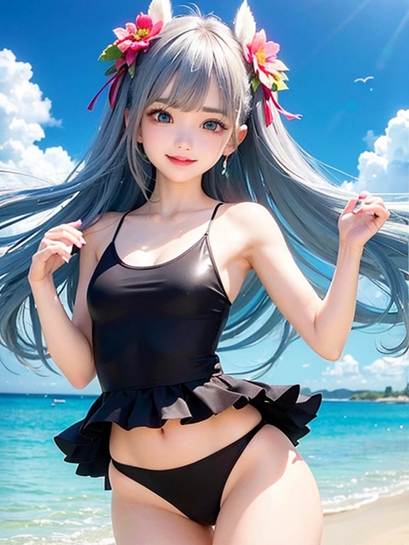 Small breasts、(high quality, masterpiece), One Girl, 、stop temporarily, particle, Wind, flower,, Simple Background, View your audience, ,smile、Turquoise Eyes、（Long silver and light blue hair、The ends of the hair are curled）、Red eyeshadow、薄いpinkの口紅、flower柄、pink、、（green、Her breasts are visible through her eyes.、sexy、black lolita swimsuit）、、Cute earrings、Wind、blue sky、Dynamic pose、Looking up at the sky、Thick thighs、Big Ass、smile、Embarrassing、msfw