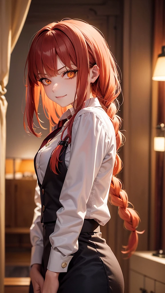 makima (chainsaw man), best quality, ultra detailed, 1girl, solo, back turned, red hair, long braided hair, golden eyes, bangs, medium breasts, white shirt, necktie, stare, smile, (evil:1.2), looking at viewer, (interview:1.3), (dark background), from below, sharp contrast , gorgeous detailed eyes, focus , close up shot , glowing orange eyes,front view,