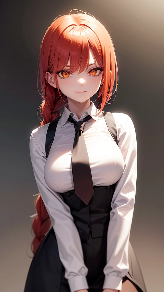 makima (chainsaw man), best quality, ultra detailed, 1girl, solo, back turned, red hair, long braided hair, golden eyes, bangs, medium breasts, white shirt, necktie, stare, smile, (evil:1.2), looking at viewer, (interview:1.3), (dark background), from below, sharp contrast , gorgeous detailed eyes, focus , close up shot , glowing orange eyes,front view,