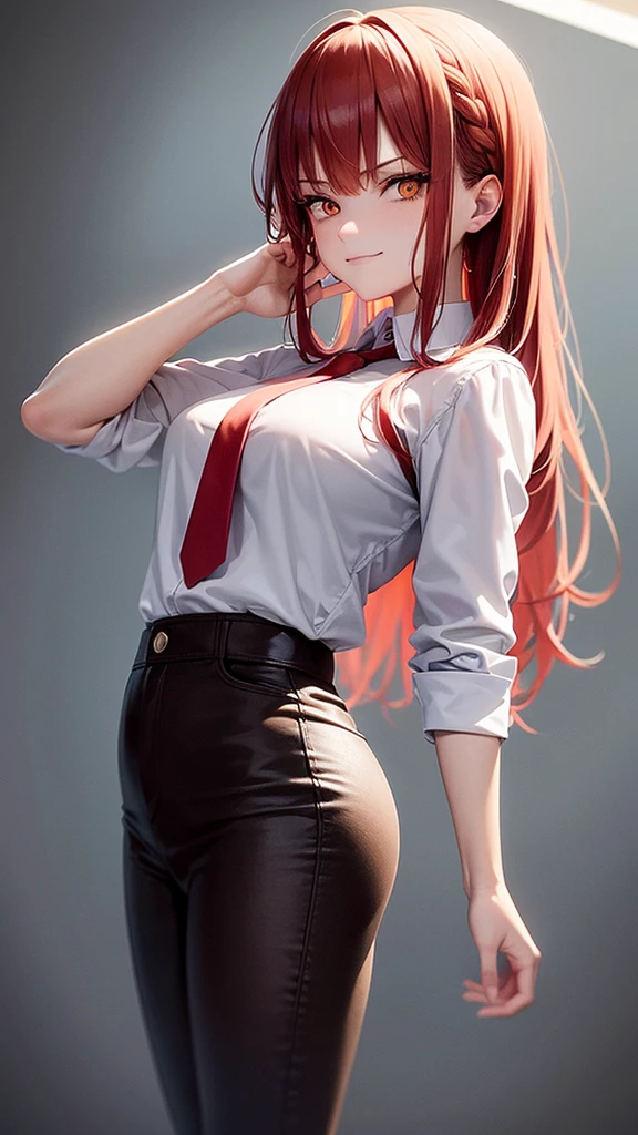 One Girl,  (((long red straight Hair))), smirking, evil, low angle, looking at camera,  black outfit, midriff, navel, Ultra Detailed Face, Detailed Lips, Fine Eyes, brown eyes, Colorful teacher uniform, On the classroom, ((from below)), beautiful hair color, short hair, teacher, teacher uniform, wearing teacher uniform, teacher uniform, teaching student, in front of class, on the classroom,