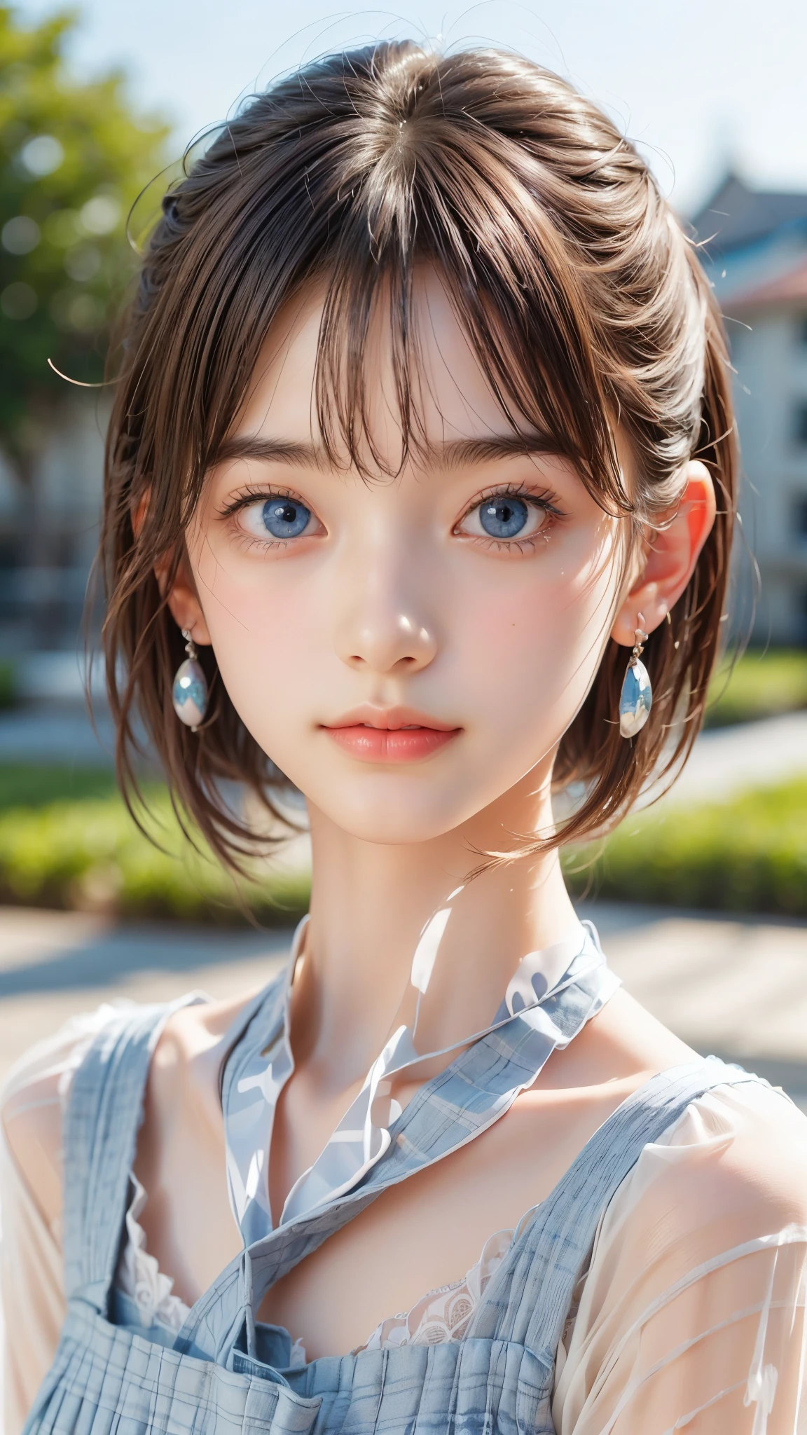 ((sfw: 1.4)), ((detailed face,  professional photography)), ((sfw, extra short hair, sidelocks-hair,  blond hair, Large, clear sky-blue eyes, earrings, 1 Girl)), Ultra High Resolution, (Realistic: 1.4), RAW Photo, Best Quality, (Photorealistic Stick), Focus, Soft Light, ((15 years old)), (( (young face))), (surface), (depth of field), masterpiece, (realistic), woman, bangs, ((1 girl))