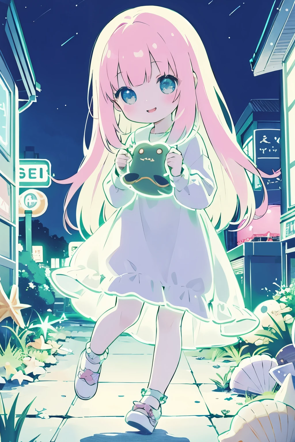 Photorealistic、whole body、Chibi Musume、Seashell Accessories、smile、Cute Shoes、Collecting seashells at night、Neon light clothes