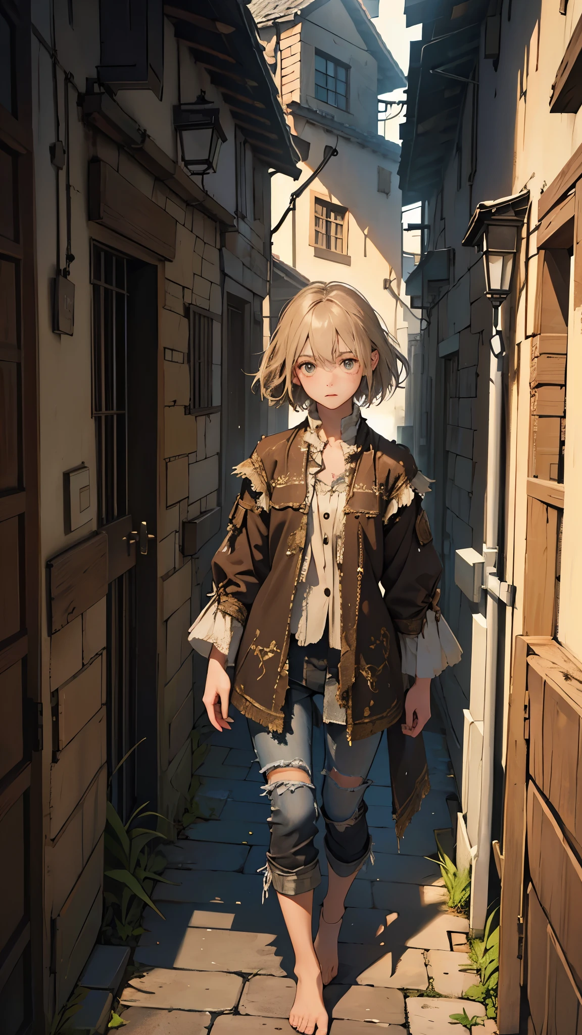 masterpiece, ultra detailed, 8K Portrait, Raw photo, a portrait photo of girl, Highly detailed face, beautiful and meticulous eyes, ((Fantasy)), 10 year old, young girl, little, dark blonde short hair, brown eyes, Kind face, skinny, (((dirty and tattered clothes))) Fluttering in the wind, ((bare foots)), Midday Sun, Hyper realistic, in a medieval back alley, Ambient lighting, Shadow details , strong breeze, Light fog