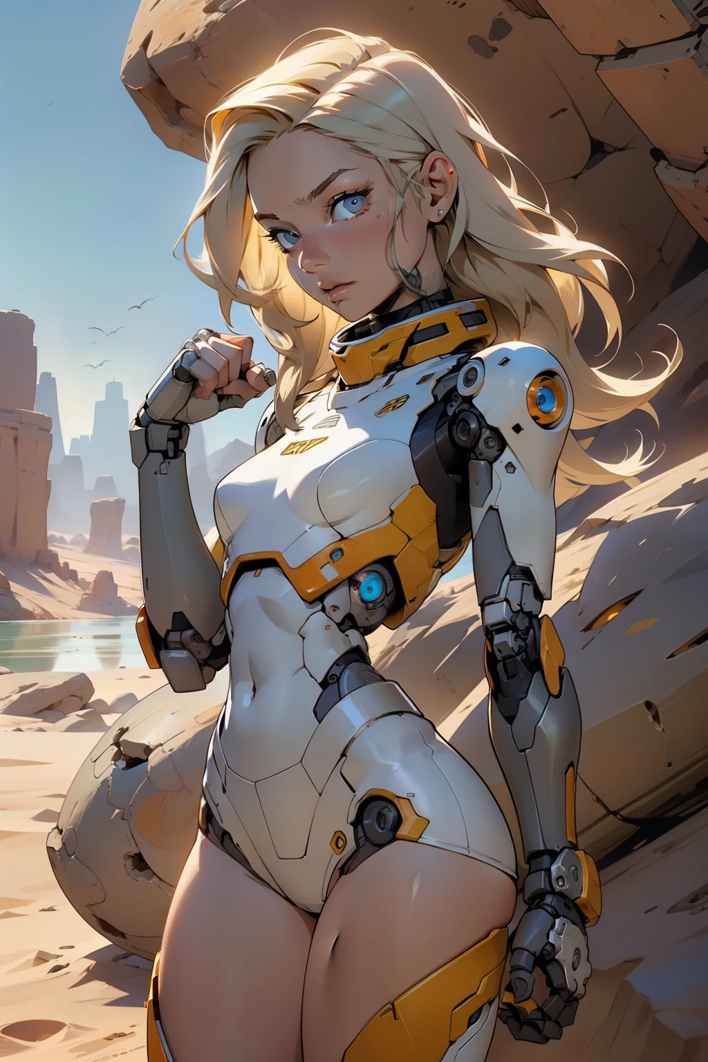 high quality, 4k, masterpiece, beautiful, cyborg girl, cowboy shot, dull eyes, front, looking at viewer, long blonde hair, girl, small breasts, fit thighs, robotic arms, robotic body, cyborg body, white & yellow uniform, orange accent, intricate detail, joint, detailed lines, robotic detail, holding fist up, holding hand up as fist, color robotic parts, robotic parts with color, perfect fingers, on a desert planet, sunny background, colorful desert, a river or a lake in the background, slender thighs, skinny thighs, thin thighs