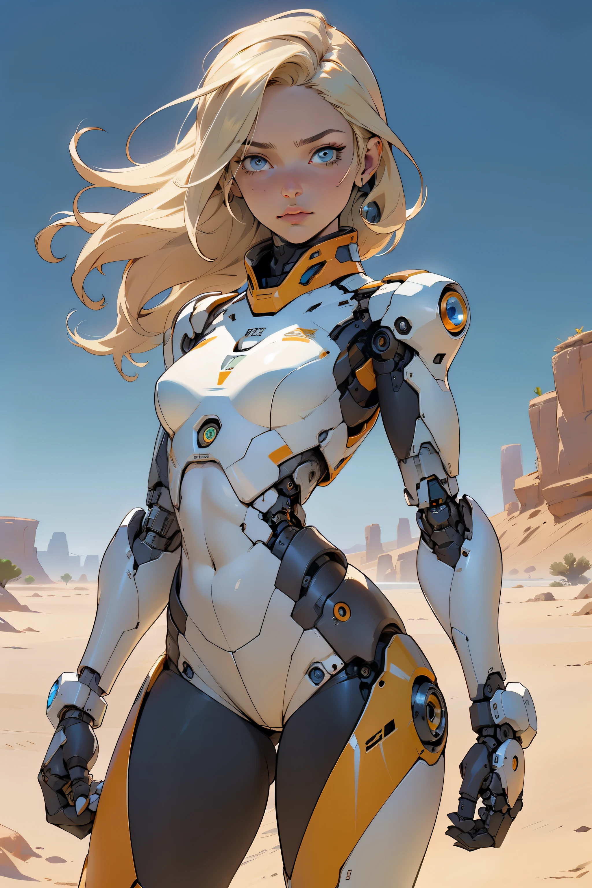 high quality, 4k, masterpiece, beautiful, cyborg girl, cowboy shot, dull eyes, front, looking at viewer, long blonde hair, girl, small breasts, fit thighs, robotic arms, robotic body, cyborg body, white & yellow uniform, orange accent, intricate detail, joint, detailed lines, robotic detail, holding fist up, holding hand up as fist, color robotic parts, robotic parts with color, perfect fingers, on a desert planet, sunny background, colorful desert, a river or a lake in the background, slender thighs, skinny thighs, thin thighs