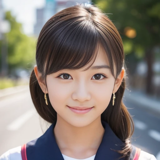 ((Cute 15 year old Japanese))、on the road、Highly detailed face、Pay attention to the details、double eyelid、Beautiful thin nose、Sharp focus:1.2、Beautiful woman:1.4、Cute Hairstyles、Pure white skin、highest quality、masterpiece、Ultra-high resolution、(Realistic:1.4)、Highly detailed and professional lighting、nice smile、Japanese school girl uniform