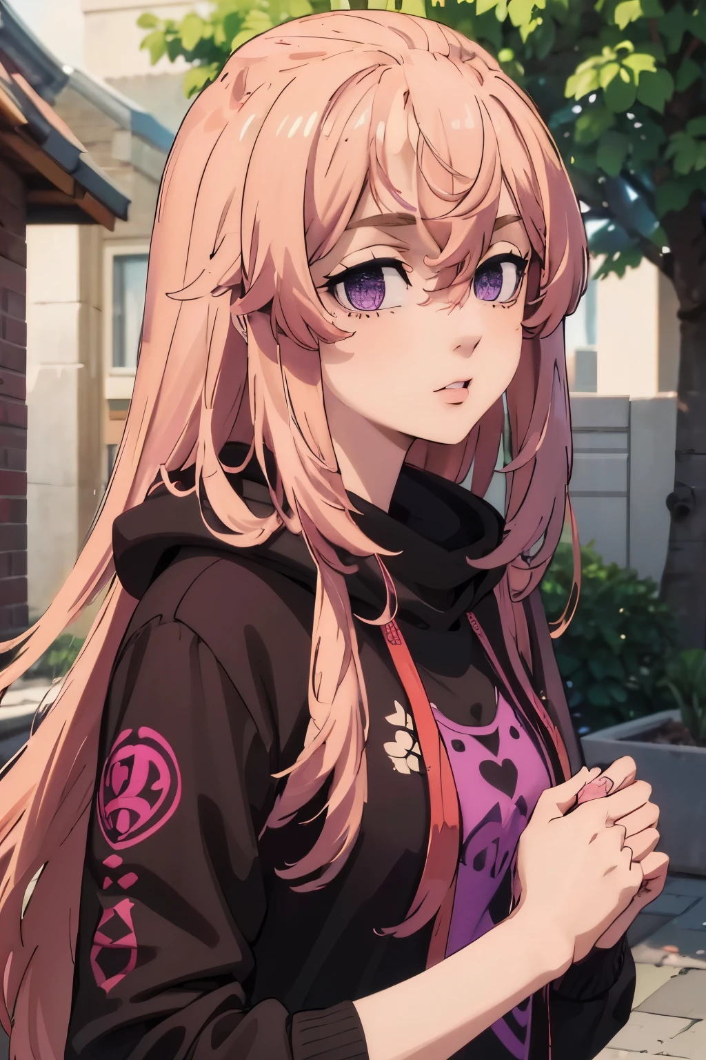 (best quality,ultra-detailed),a girl with long brown hair and pink highlights,detailed purple eyes,wearing a black hoodie and her ,traditional medium style,beautiful detailed lips,vibrant colors,masterpiece:1.2