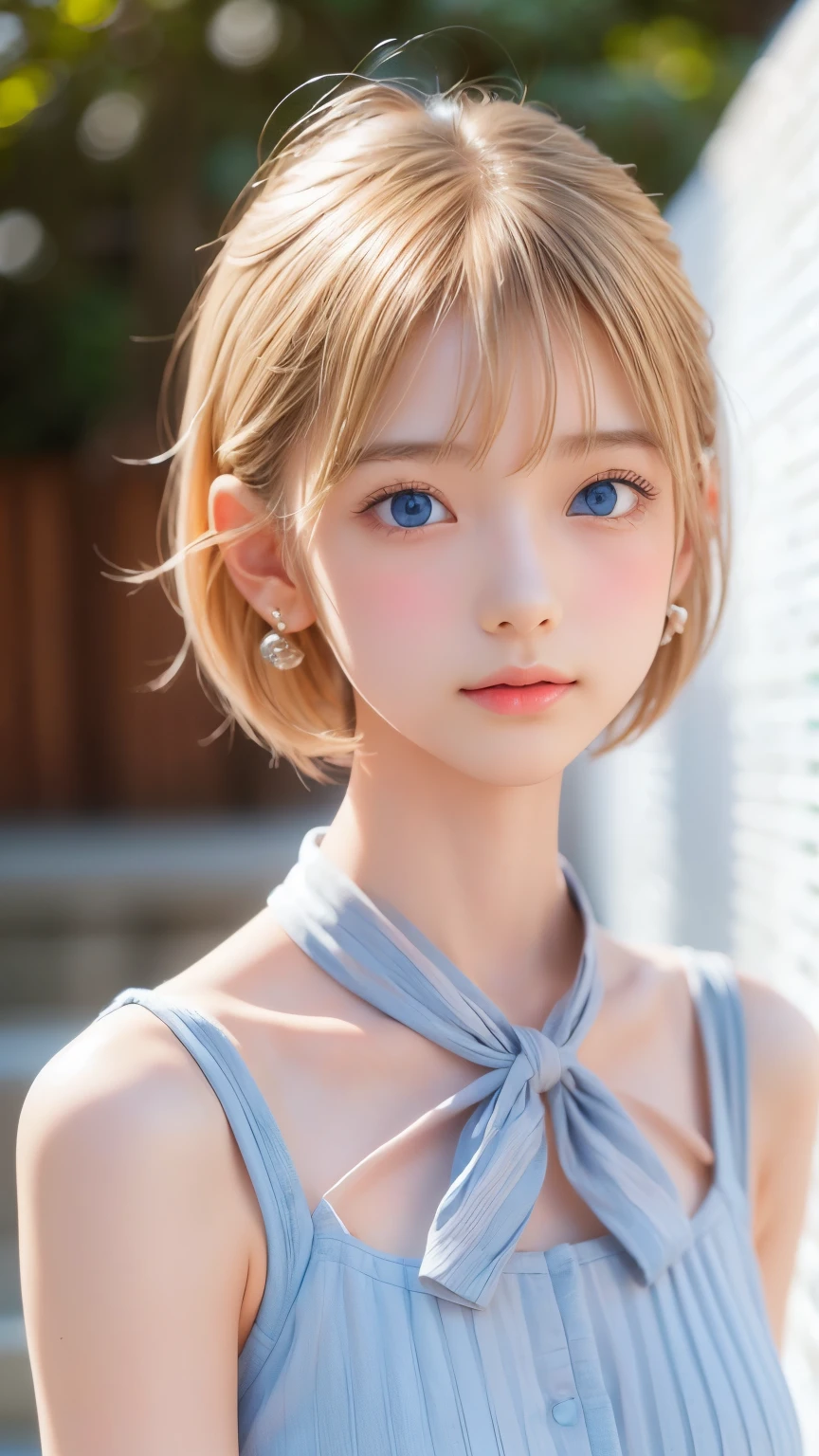 ((sfw: 1.4)), ((detailed face, professional photography)), ((sfw, extra short hair, sidelocks-hair, ( blond hair), Large, clear sky-blue eyes, earrings, 1 Girl)), Ultra High Resolution, (Realistic: 1.4), RAW Photo, Best Quality, (Photorealistic Stick), Focus, Soft Light, (()), (( (young face))), (surface), (depth of field), masterpiece, (realistic), woman, bangs, ((1 girl))