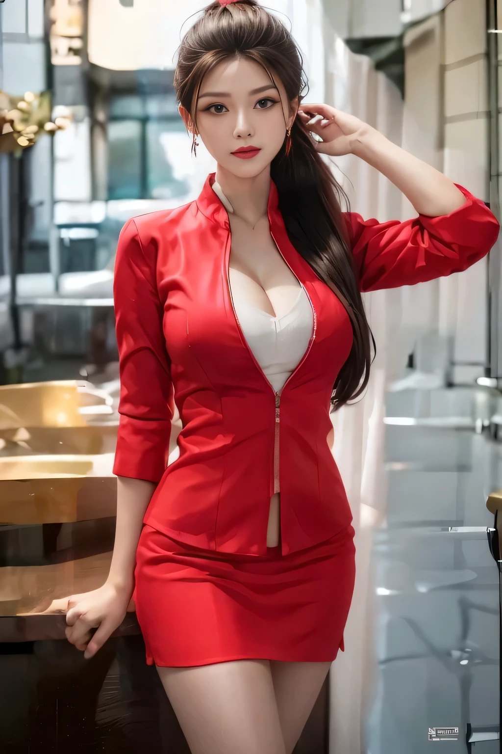 AirAsia red jacket uniform、Long hair down to the legs、Dark brown hair、Hair tied up、Tie your hair back in a ponytail、ponytail、Red rubber band、Luxury earrings、Captivating look、Blue Eyes、22 year old Asian female