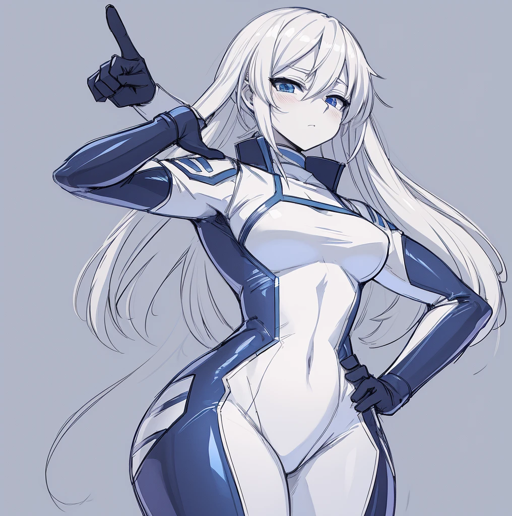 32k, best quality, ultra high res, HDR, UHD, extremely detailed CG, unity 32k wallpaper, (masterpiece, highest quality:1.2), 1 Girl, , alone,Are standing_Split, Long Hair, White Hair, White bodysuit, Proud look,