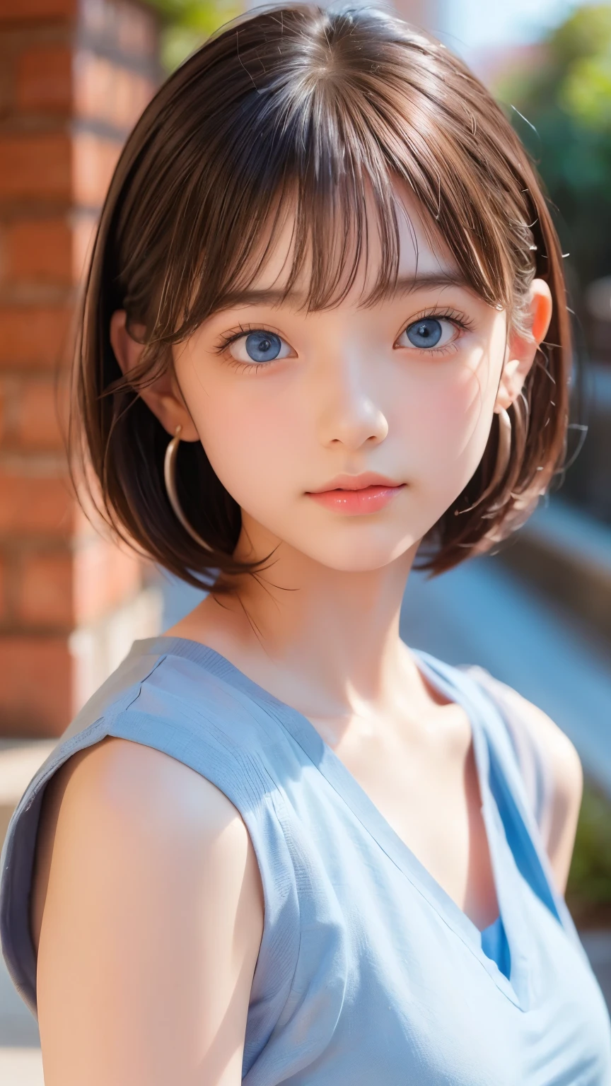 ((sfw: 1.4)), ((detailed face,  professional photography)), ((sfw, extra short hair, sidelocks-hair, (  blond hair), Large, clear sky-blue eyes, earrings, 1 Girl)), Ultra High Resolution, (Realistic: 1.4), RAW Photo, Best Quality, (Photorealistic Stick), Focus, Soft Light, ((15 years old)), (( (young face))), (surface), (depth of field), masterpiece, (realistic), woman, bangs, ((1 girl))