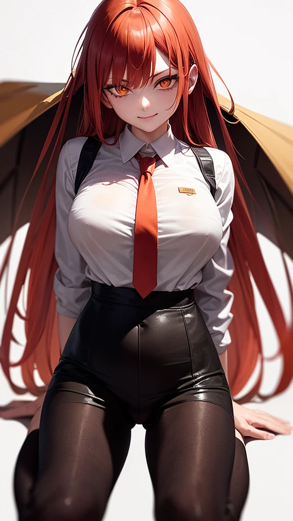 makima (chainsaw man), best quality, ultra detailed, 1girl, solo, red hair, long braided hair, golden eyes, bangs, medium breasts, white shirt, necktie, stare, smile, (evil:1.2), looking at viewer, (interview:1.3), (dark background), from below, sharp contrast , gorgeous detailed eyes, focus , close up shot , glowing orange eyes,front view,  kneeling