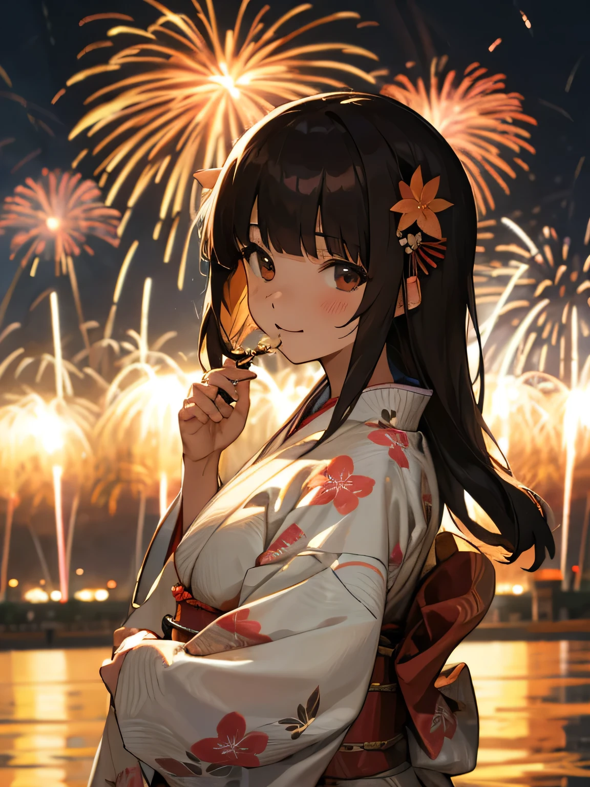 solo, head shot, looking at viewer,brown long straight hair, blunt bangs, leaf sleeves yukata, yukata,japanese clothes,obi, sash, floral print, obijime,seaside at night, fireworks,