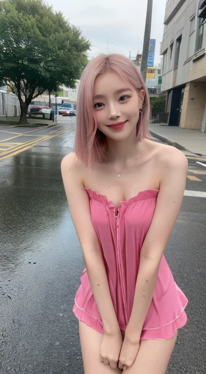 (bottomless :1.8),(nude :1.3),((highest quality, 8k, masterpiece:1.3)), concentrated: 1.2, Perfect body beauty: 1.4, Hips: 1.2, ((Layered Haircut, chest: 1.2)), (Wet clothes: 1.1), (rain, street:1.3), Bandeau dress: 1.1, Highly detailed face and skin texture, Fine Eyes, double eyelid, Whitening skin, Long Hair, (shut up: 1.3), smile,Pink Hair