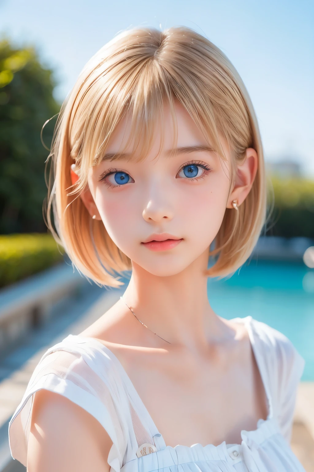 ((sfw: 1.4)), ((detailed face,  professional photography)), ((sfw, extra short hair, sidelocks-hair, (  blond hair), Large, clear sky-blue eyes, earrings, 1 Girl)), Ultra High Resolution, (Realistic: 1.4), RAW Photo, Best Quality, (Photorealistic Stick), Focus, Soft Light, ((15 years old)), (( (young face))), (surface), (depth of field), masterpiece, (realistic), woman, bangs, ((1 girl))