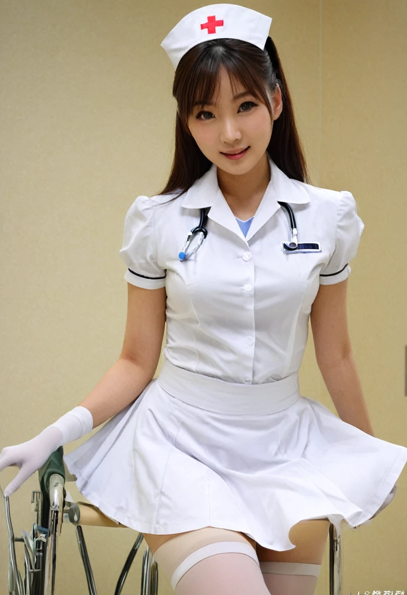 sayuri, 1girl, white nurse outfit, gloves, skirt, white pantyhose, beautiful, masterpiece, hospital